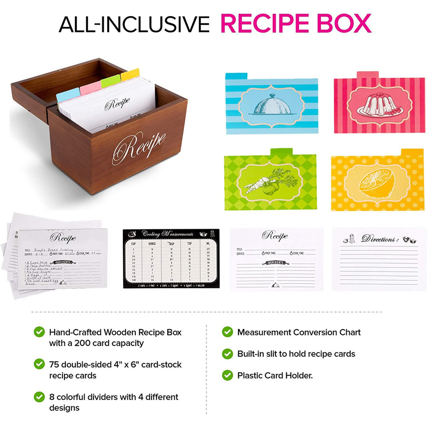 Stock Your Home Hand-Crafted Wooden Recipe Box - 75 Recipe Cards and 8 Dividers - Easy Viewing Slit and Plastic Recipe Card Holder - Conversion Chart - Termite and Rot Resistant Small Recipe Box