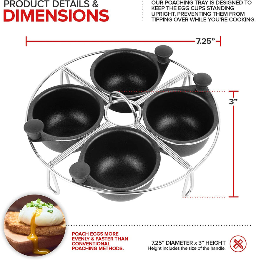 Modern Innovations Stainless Steel 4-Cup Egg Poacher Tray - Complimentary Silicone Mitt - Egg Poacher Insert for Poaching Eggs & Eggs Benedict - Poached Egg Maker Compatible with Most Pans