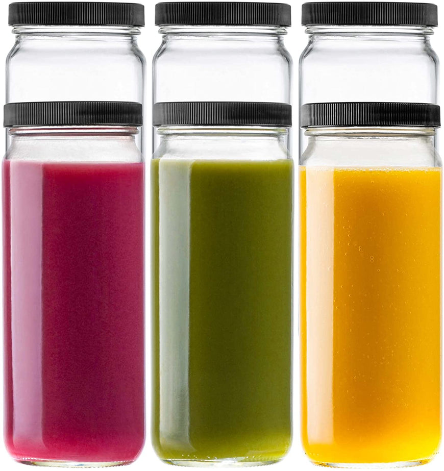 16 oz Glass Jars with Plastic Caps (6 Pack) - Reusable Food Grade Glass Bottles - Dishwasher Safe - Leak-Proof Lids - Travel Bottle for Smoothies & Juicing, Shakes, Milk, Honey - Stock Your Home