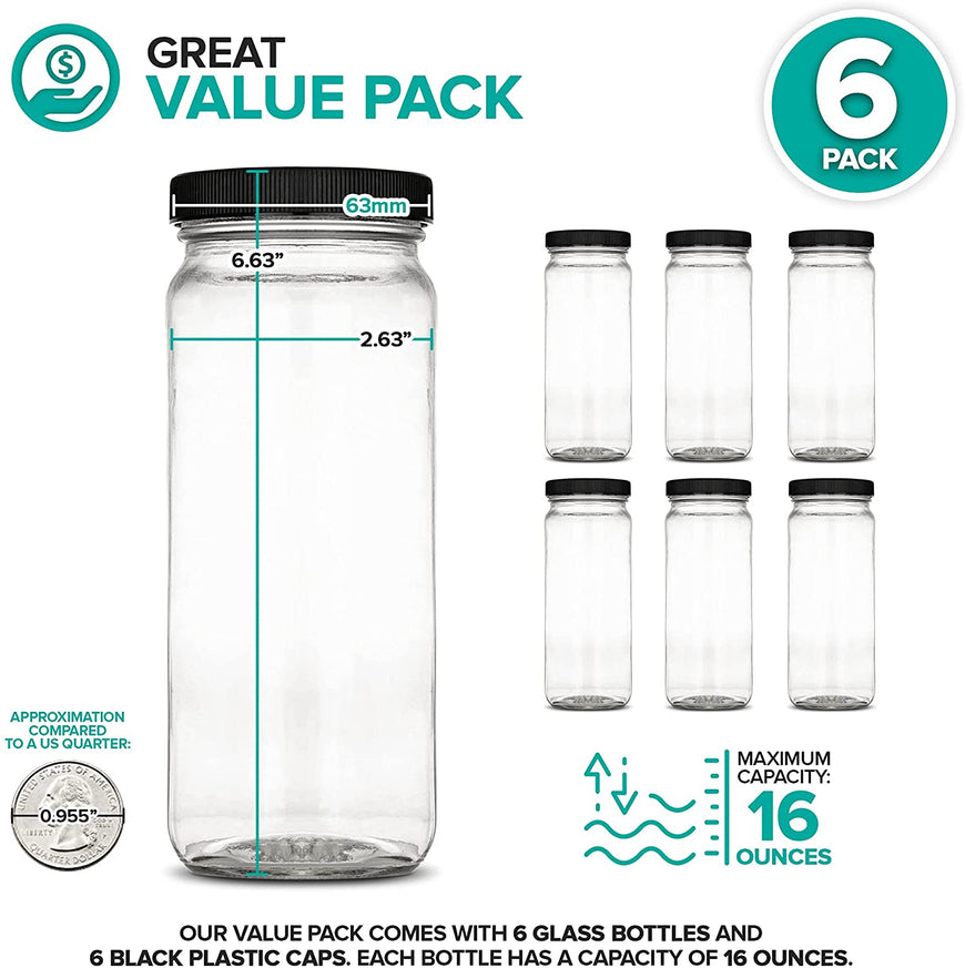 16 oz Glass Jars with Plastic Caps (6 Pack) - Reusable Food Grade Glass Bottles - Dishwasher Safe - Leak-Proof Lids - Travel Bottle for Smoothies & Juicing, Shakes, Milk, Honey - Stock Your Home