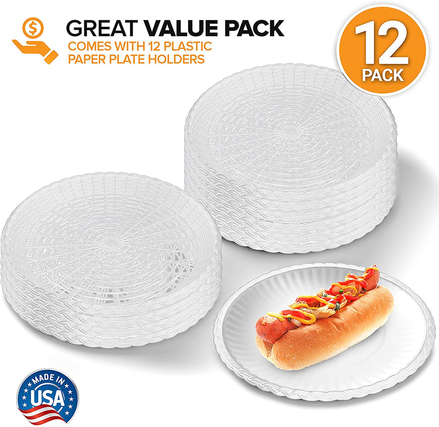 Stock Your Home 9” Paper Plate Holder in White (12 Count) - Paper Plate Holders Plastic Heavy Duty - Plastic Paper Plate Holder - Woven Paper Plate Holder - Paper Plate Holders Reusable