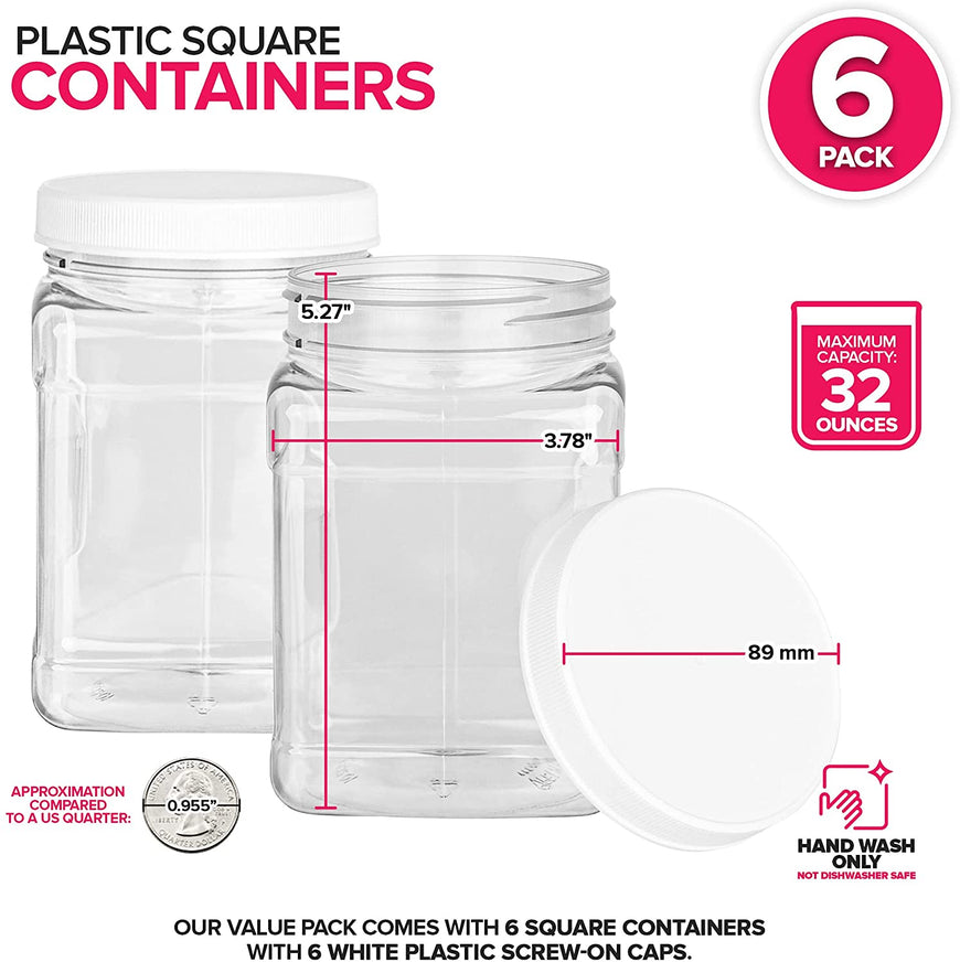 Plastic Storage Jars (6 Pack) - 32 Oz Square Plastic Canisters with Lids - Shatterproof Plastic Storage Jars with Lids - Reusable Wide Mouth Clear Plastic Containers with Lids - Stock Your Home