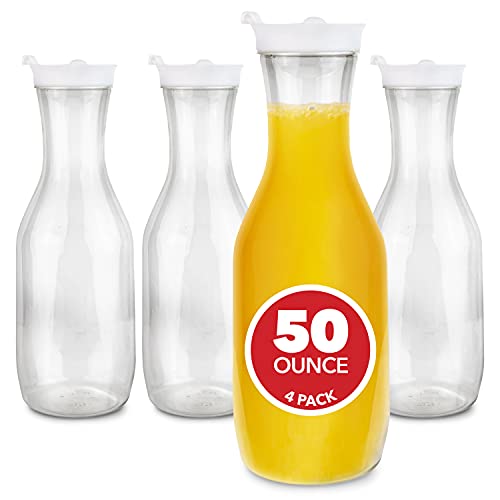 Stock Your Home 50 oz Plastic Water Carafes with White Flip Tab Lids (4 Pack) - Food Grade & Recyclable Shatterproof Pitcher - Juice Jar for Lemonade, Milk, Mimosas,Iced Tea, Laundry Detergent