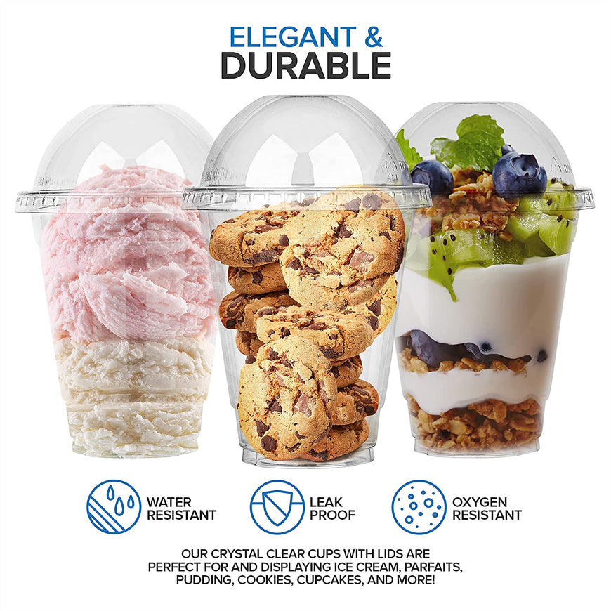 Stock Your Home 12-Ounce Dessert Cups With Dome Lids (50 Count) - Plastic Parfait Cups With Lids - Disposable And Leak-Proof - Clear Cups With Lids For Snacks, Food Sampling, Bakeries, Ice Cream