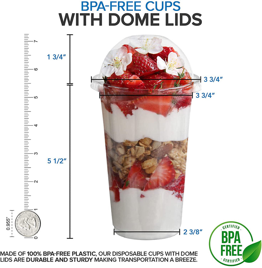 Stock Your Home 20 oz Dessert Cups With Dome Lids (50 Pack) - Plastic Parfait Cups (No Hole) Disposable - Leak-Proof -Clear Cups & Dome Lids For Snacks, Food Samples, Bakery, Cupcakes, Ice Cream