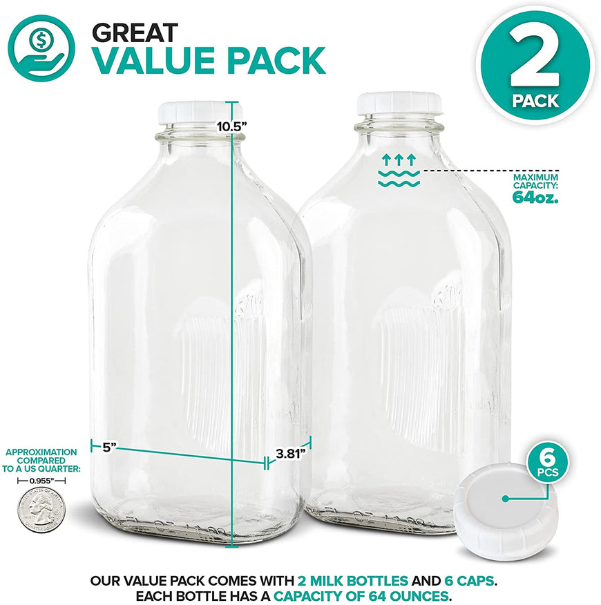 Stock Your Home 64-Oz Glass Milk Jugs with Caps (2 Pack) - 64 Ounce Food Grade Glass Bottles - Dishwasher Safe - Bottles for Milk, Buttermilk, Honey, Tomato Sauce, Jam, Barbecue Sauce