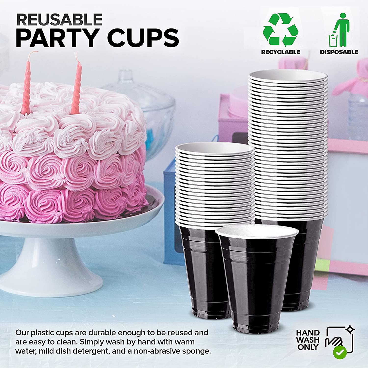 16-Ounce Plastic Party Cups in Black (50 Pack) - Disposable Plastic Cu –  Stock Your Home