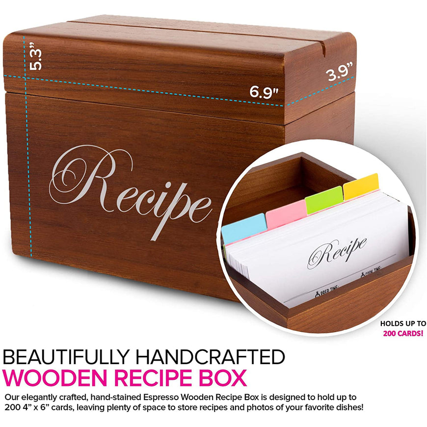 Stock Your Home Hand-Crafted Wooden Recipe Box - 75 Recipe Cards and 8 Dividers - Easy Viewing Slit and Plastic Recipe Card Holder - Conversion Chart - Termite and Rot Resistant Small Recipe Box