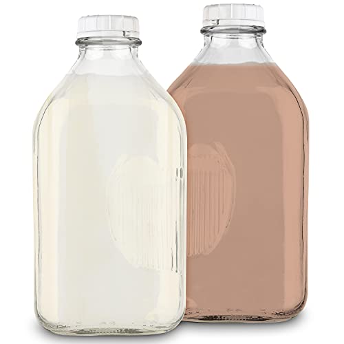 Stock Your Home 64-Oz Glass Milk Jugs with Caps (2 Pack) - 64 Ounce Food Grade Glass Bottles - Dishwasher Safe - Bottles for Milk, Buttermilk, Honey, Tomato Sauce, Jam, Barbecue Sauce