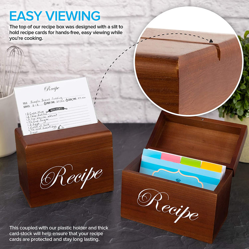 Stock Your Home Hand-Crafted Wooden Recipe Box - 75 Recipe Cards and 8 Dividers - Easy Viewing Slit and Plastic Recipe Card Holder - Conversion Chart - Termite and Rot Resistant Small Recipe Box