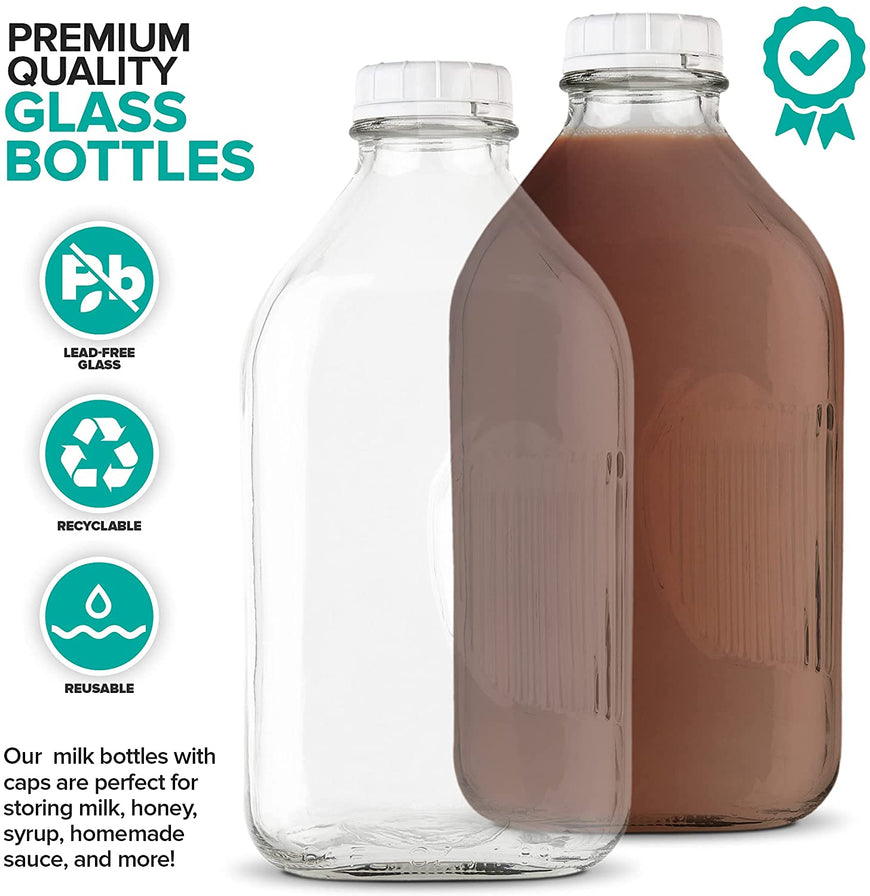 Stock Your Home 64-Oz Glass Milk Jugs with Caps (2 Pack) - 64 Ounce Food Grade Glass Bottles - Dishwasher Safe - Bottles for Milk, Buttermilk, Honey, Tomato Sauce, Jam, Barbecue Sauce