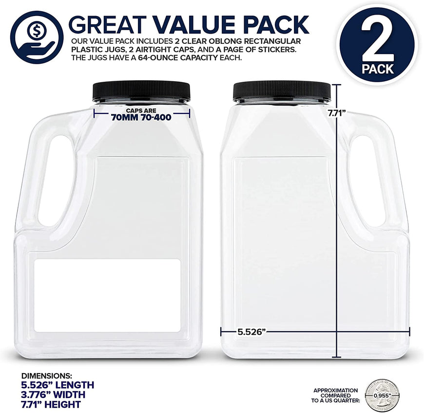 Half Gallon Clear Plastic Jug (2 Pack) - BPA Free 64 Ounce Jug - Wide Mouth Jug - Easy Grip Handle - Airtight Caps with Foam Liner - PETG Oblong Rectangular Jug - Labels Included - Stock Your Home